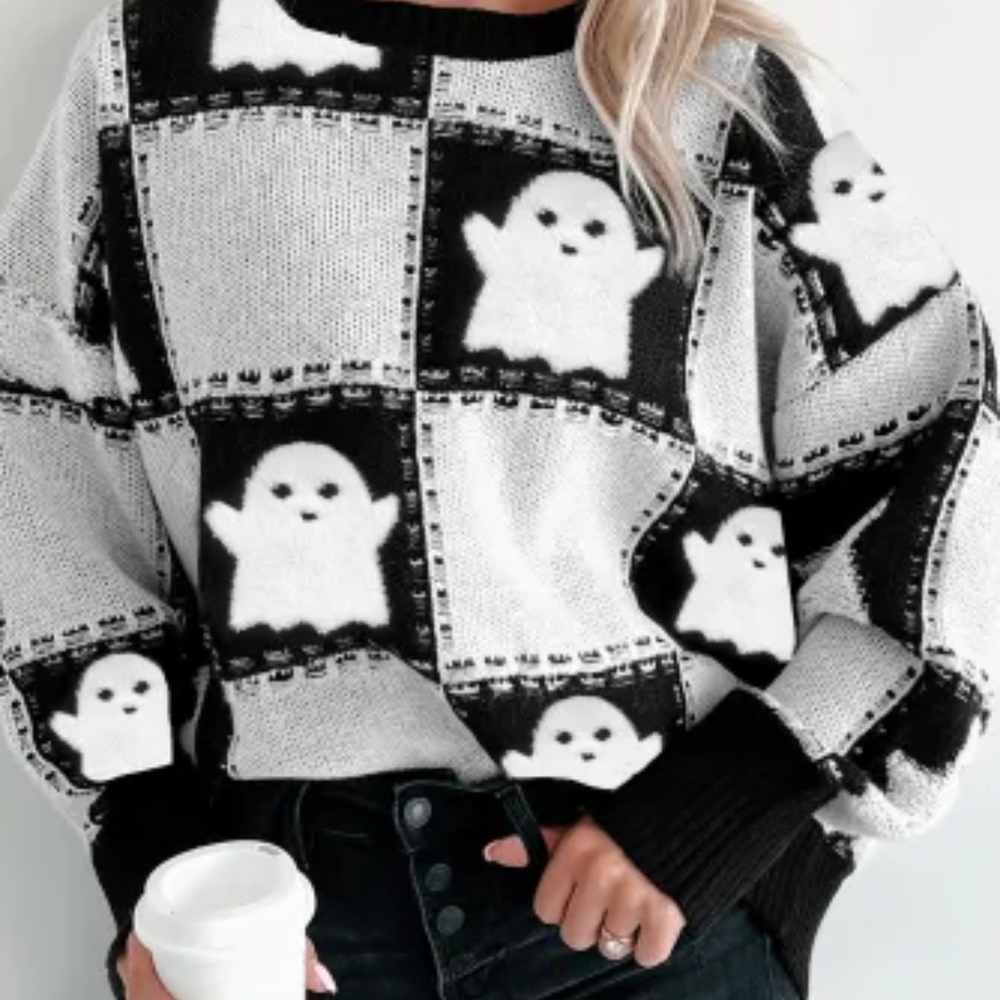Chic Ghost Pattern Black and White Sweater